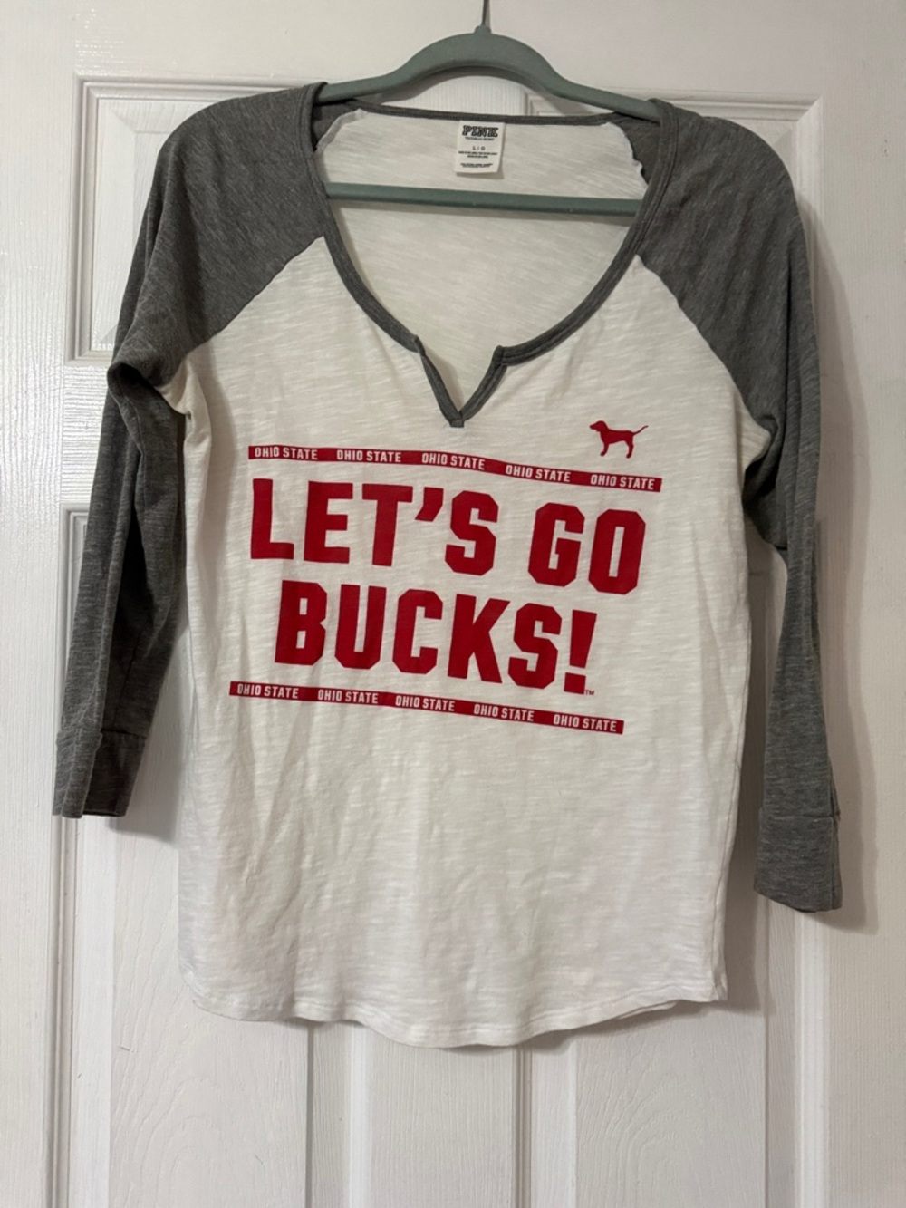 PINK Victoria's Secret White Tee with Gray Raglan Trim